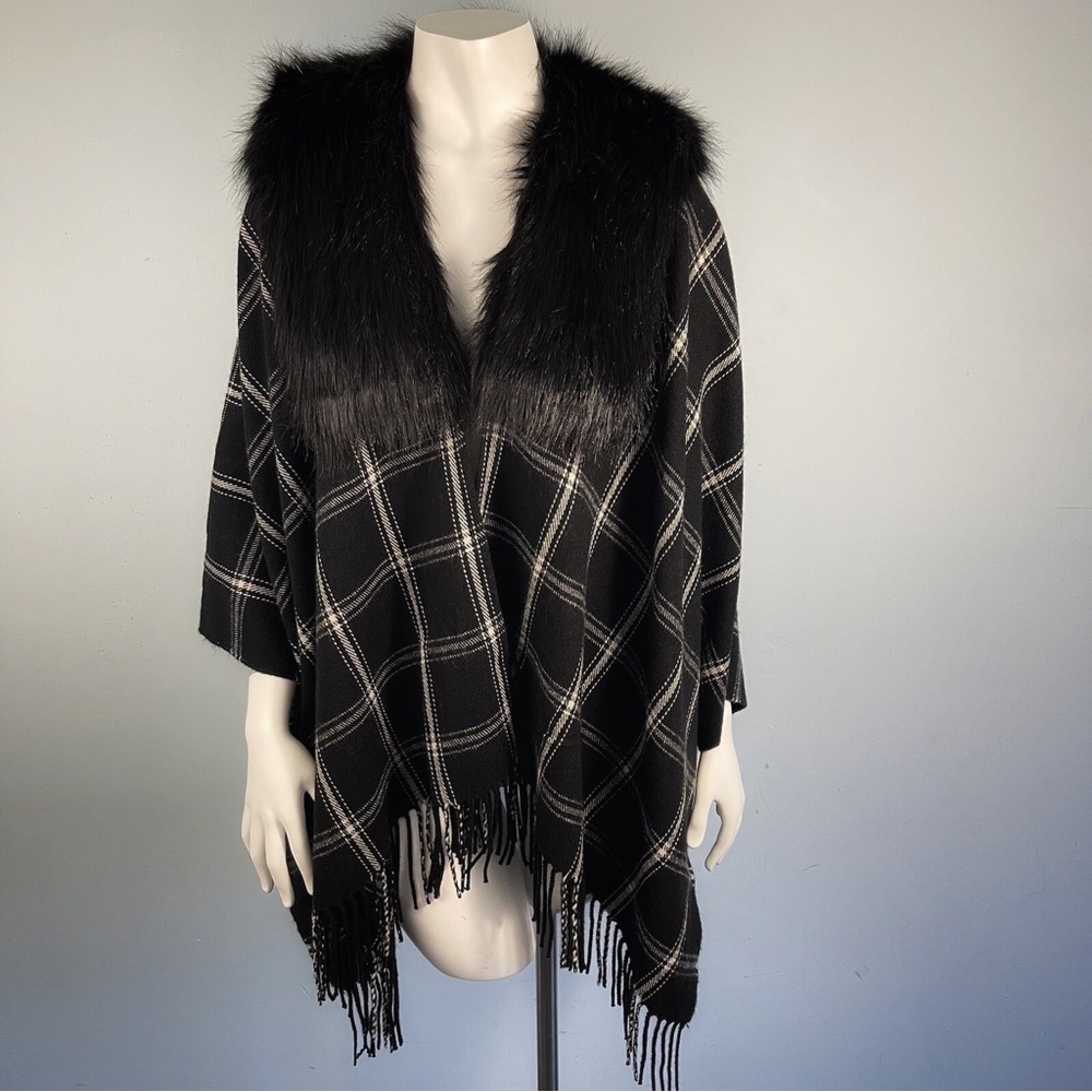 J. Crew Black and White Checkered Cape with Faux Fur Collar Size M